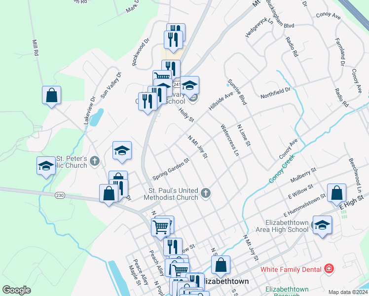 map of restaurants, bars, coffee shops, grocery stores, and more near 535 North Locust Street in Elizabethtown