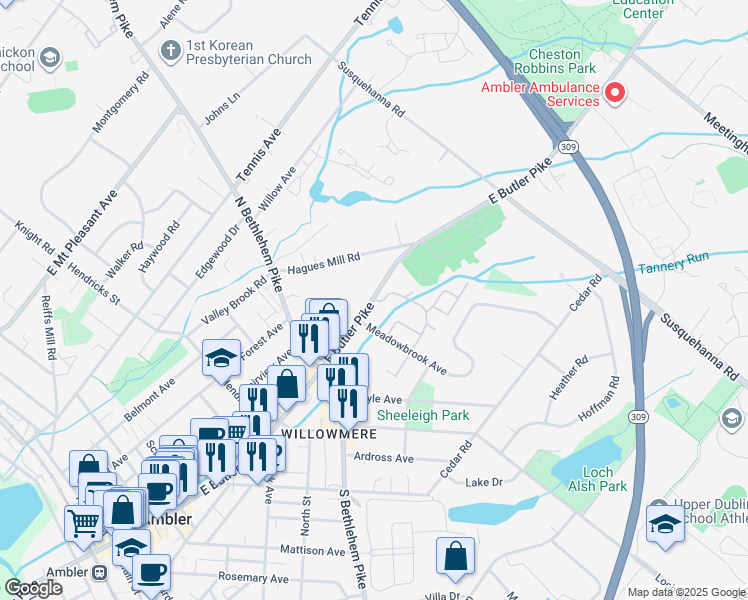 map of restaurants, bars, coffee shops, grocery stores, and more near 2 Cavendish Drive in Ambler
