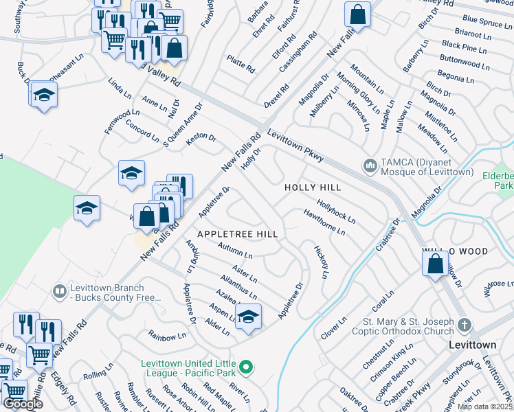 map of restaurants, bars, coffee shops, grocery stores, and more near 272 Appletree Drive in Levittown