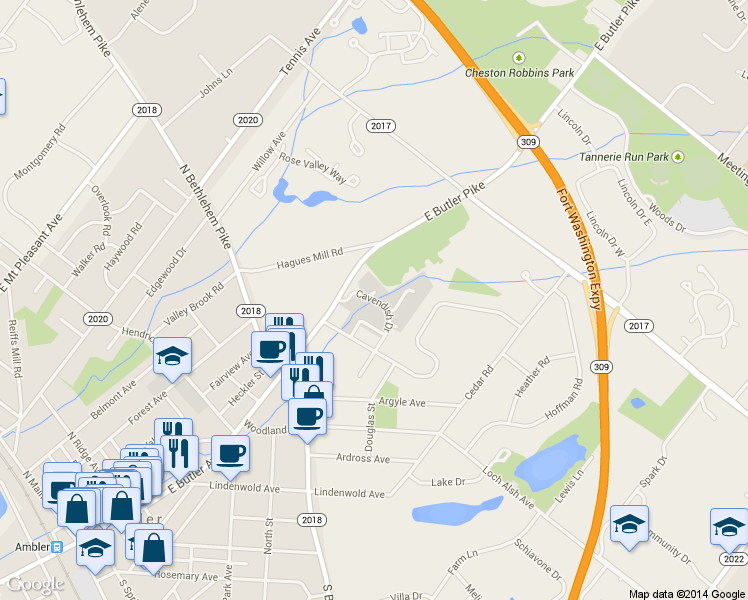 map of restaurants, bars, coffee shops, grocery stores, and more near 48 Cavendish Drive in Ambler