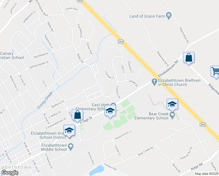 map of restaurants, bars, coffee shops, grocery stores, and more near 20 Willow Ridge in Elizabethtown