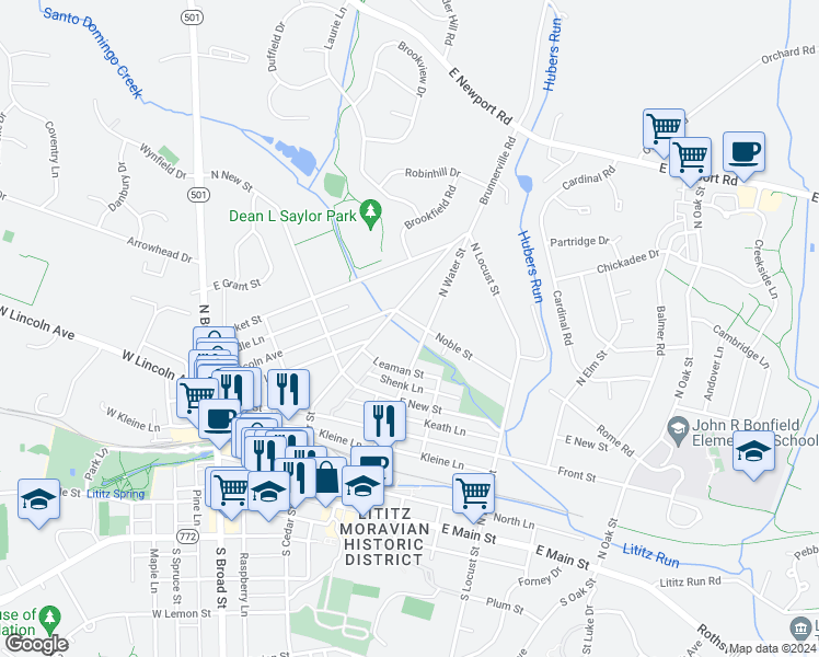 map of restaurants, bars, coffee shops, grocery stores, and more near 112 Noble St in Lititz