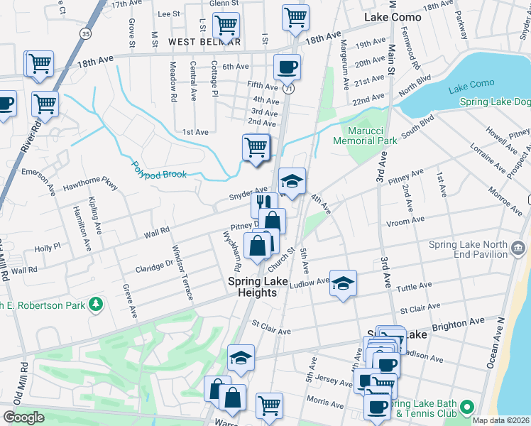 map of restaurants, bars, coffee shops, grocery stores, and more near 2031 New Jersey 71 in Spring Lake