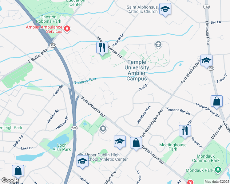 map of restaurants, bars, coffee shops, grocery stores, and more near 2400 Honey Run Road in Ambler