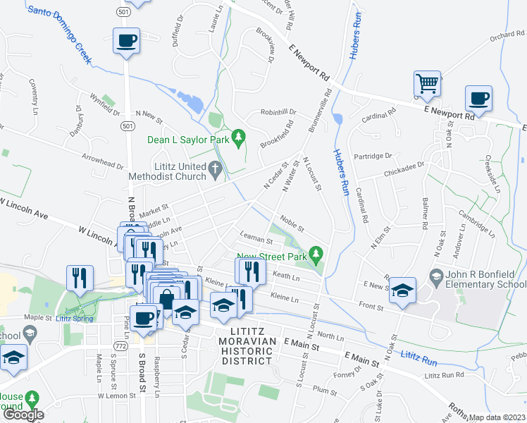 map of restaurants, bars, coffee shops, grocery stores, and more near 112 Noble St in Lititz