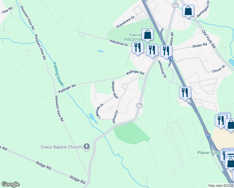 map of restaurants, bars, coffee shops, grocery stores, and more near 100 Megan Way in Lewisberry