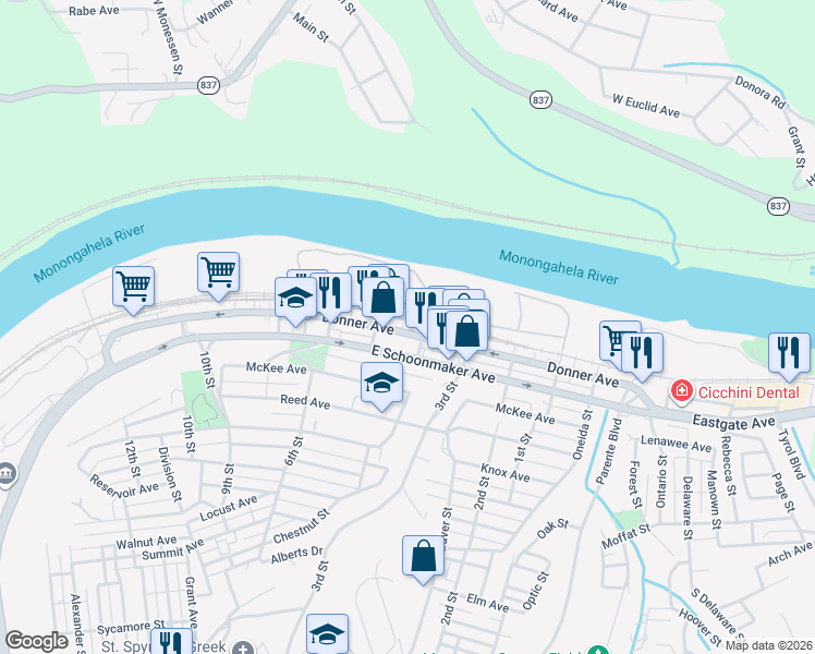 map of restaurants, bars, coffee shops, grocery stores, and more near 365 Schoonmaker Avenue in Monessen