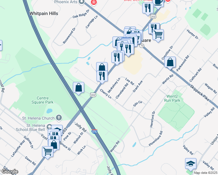 map of restaurants, bars, coffee shops, grocery stores, and more near 1198 McKelvey Lane in Center Square