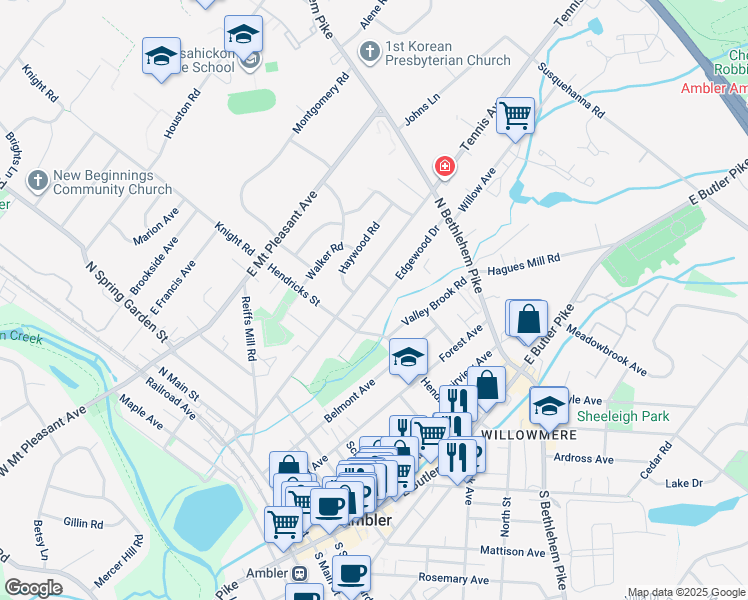 map of restaurants, bars, coffee shops, grocery stores, and more near 331 Edgewood Drive in Ambler