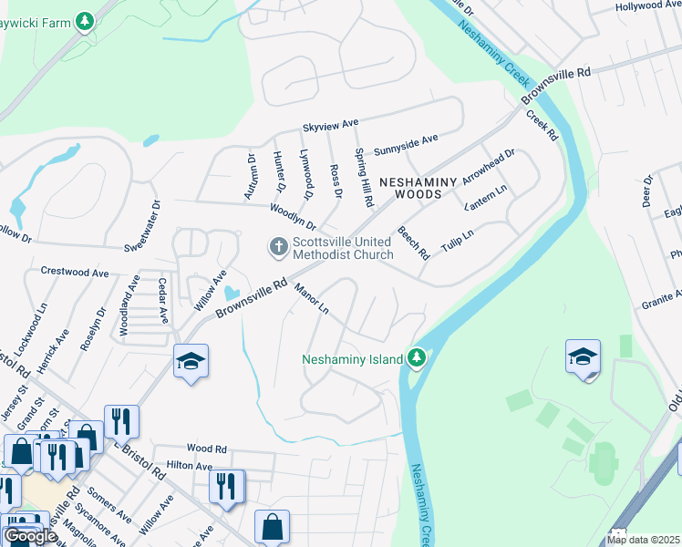 map of restaurants, bars, coffee shops, grocery stores, and more near 216 Buttonwood Drive in Langhorne