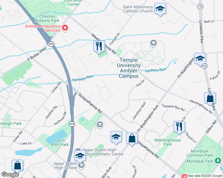 map of restaurants, bars, coffee shops, grocery stores, and more near 2400 Honey Run Road in Ambler