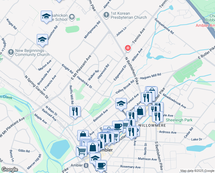 map of restaurants, bars, coffee shops, grocery stores, and more near 331 Edgewood Drive in Ambler