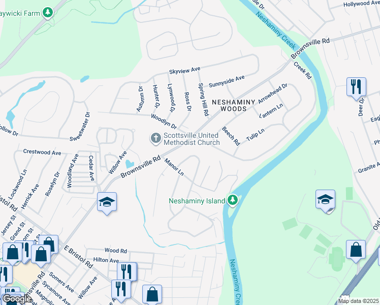 map of restaurants, bars, coffee shops, grocery stores, and more near 216 Buttonwood Drive in Langhorne