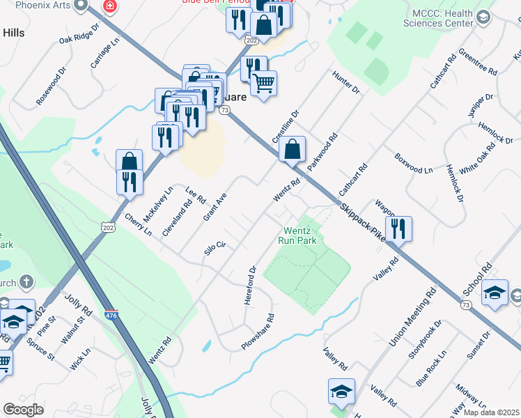 map of restaurants, bars, coffee shops, grocery stores, and more near 1001 Wentz Road in Blue Bell