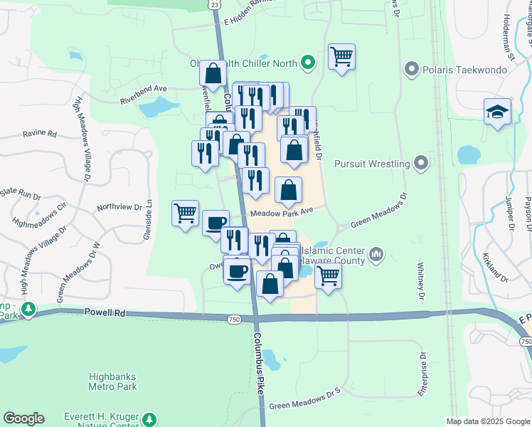 map of restaurants, bars, coffee shops, grocery stores, and more near 55 Meadow Park Avenue in Lewis Center