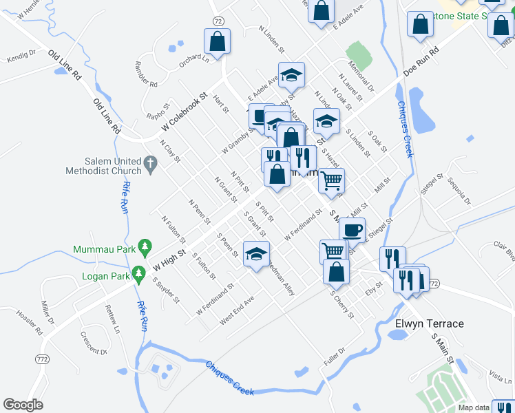 map of restaurants, bars, coffee shops, grocery stores, and more near 16 North Pitt Street in Manheim