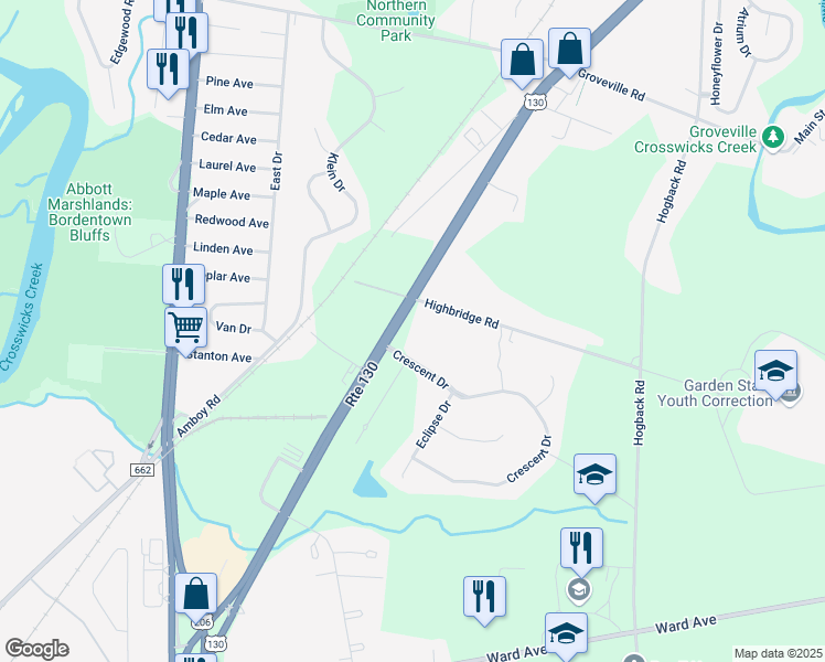 map of restaurants, bars, coffee shops, grocery stores, and more near 79 Route 130 in Bordentown
