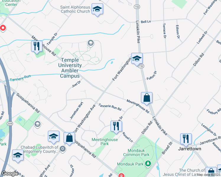 map of restaurants, bars, coffee shops, grocery stores, and more near 1511 Fort Washington Ave in Ambler
