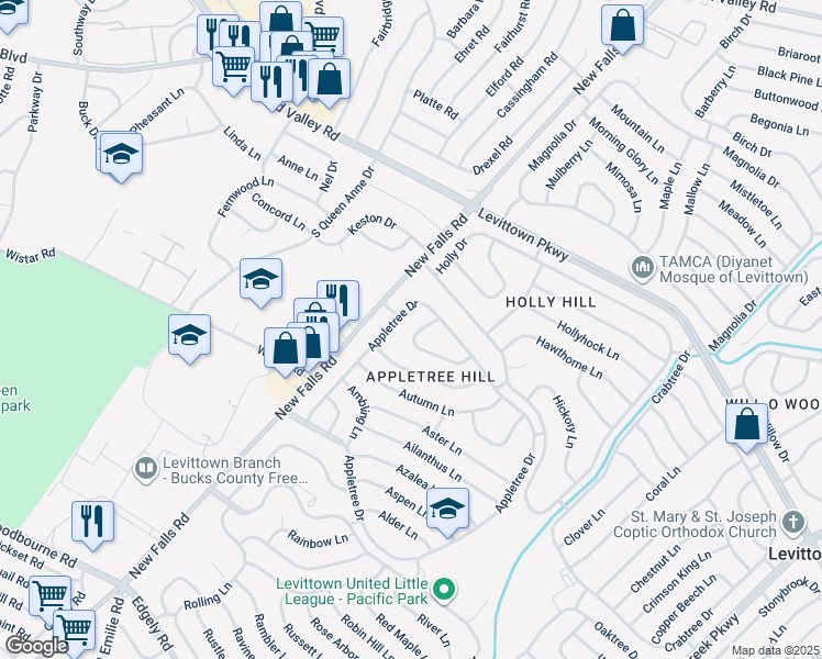 map of restaurants, bars, coffee shops, grocery stores, and more near 37 Almond Lane in Levittown