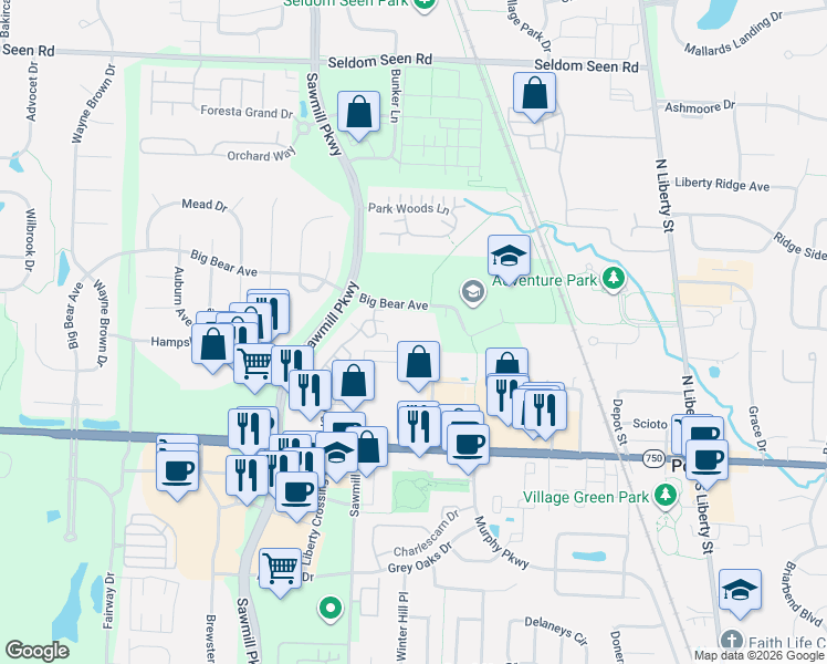 map of restaurants, bars, coffee shops, grocery stores, and more near 3300 Bear Pointe Circle in Powell