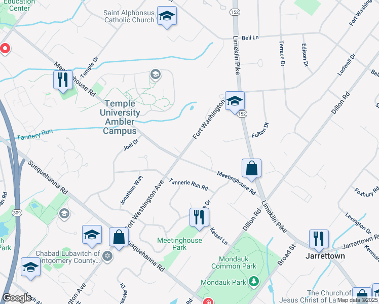 map of restaurants, bars, coffee shops, grocery stores, and more near 1511 Fort Washington Ave in Ambler