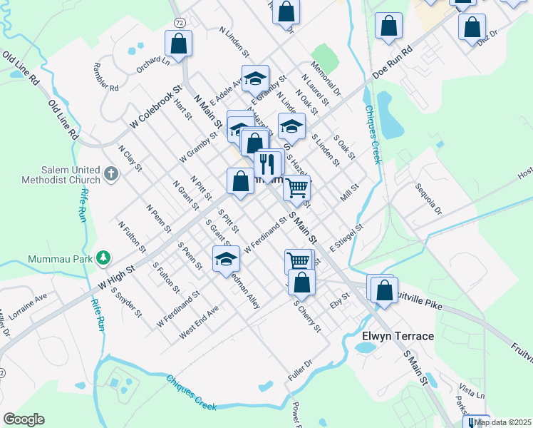 map of restaurants, bars, coffee shops, grocery stores, and more near 25 West Logan Avenue in Manheim