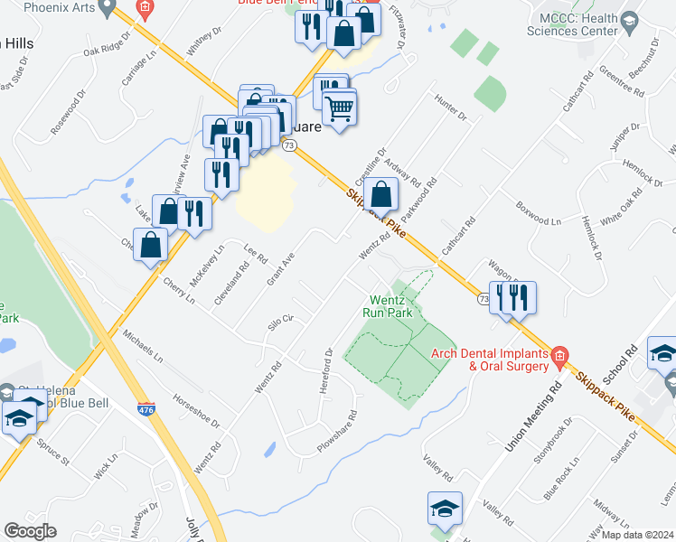 map of restaurants, bars, coffee shops, grocery stores, and more near 1001 Wentz Road in Blue Bell