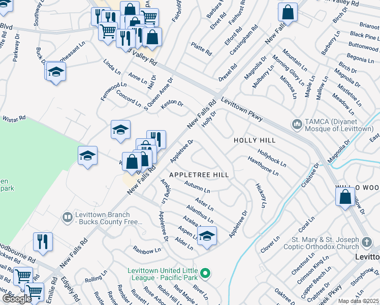map of restaurants, bars, coffee shops, grocery stores, and more near 37 Almond Lane in Levittown