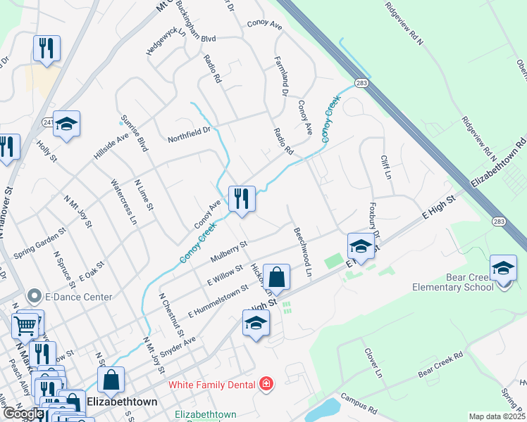 map of restaurants, bars, coffee shops, grocery stores, and more near 500 Hickory Lane in Elizabethtown