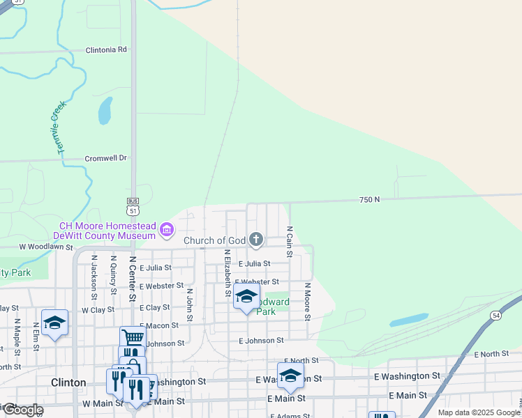 map of restaurants, bars, coffee shops, grocery stores, and more near 720 East Marion Street in Clinton