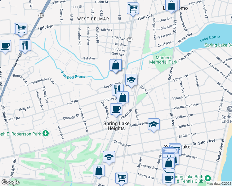 map of restaurants, bars, coffee shops, grocery stores, and more near 711 Wall Road in Spring Lake