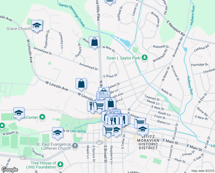 map of restaurants, bars, coffee shops, grocery stores, and more near 12 East Grant Street in Lititz