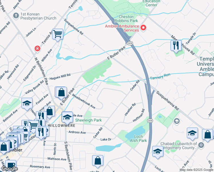 map of restaurants, bars, coffee shops, grocery stores, and more near 654 Meadowbrook Avenue in Ambler