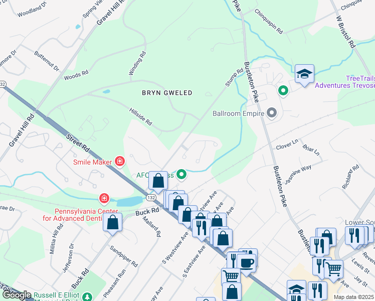 map of restaurants, bars, coffee shops, grocery stores, and more near 244 Katie Drive in Feasterville-Trevose