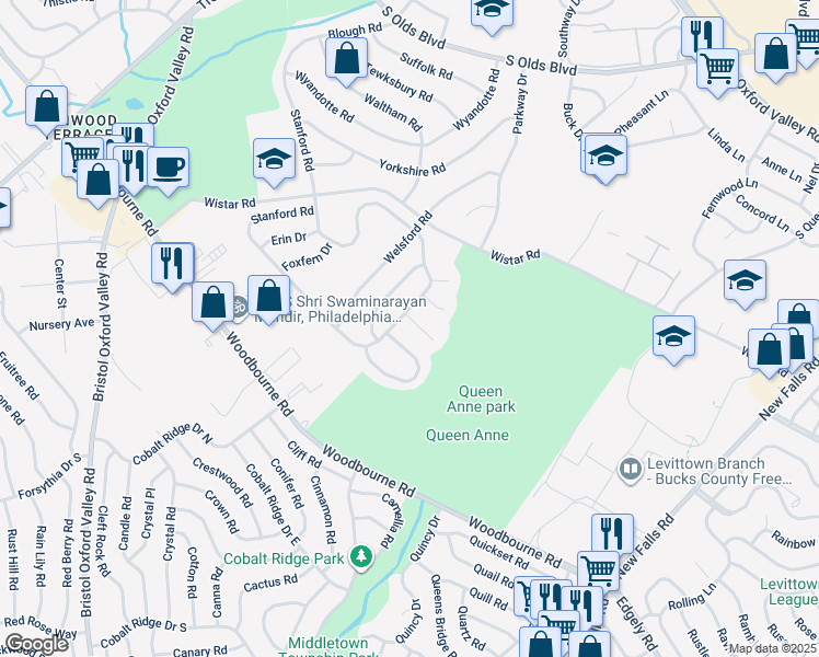 map of restaurants, bars, coffee shops, grocery stores, and more near 3 Greenway Circle in Fairless Hills