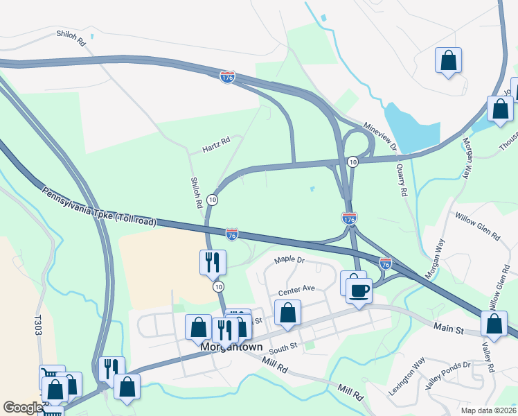 map of restaurants, bars, coffee shops, grocery stores, and more near in Morgantown