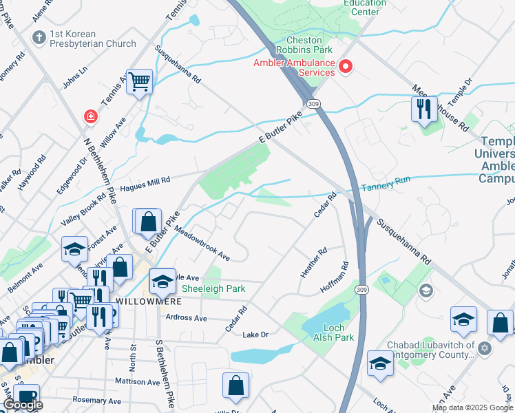 map of restaurants, bars, coffee shops, grocery stores, and more near 654 Meadowbrook Avenue in Ambler