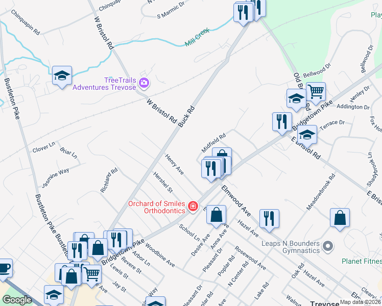 map of restaurants, bars, coffee shops, grocery stores, and more near 1749 Buck Road in Feasterville-Trevose