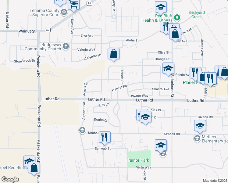 map of restaurants, bars, coffee shops, grocery stores, and more near 1330 Franzel Road in Red Bluff