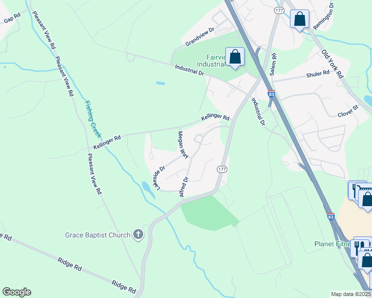 map of restaurants, bars, coffee shops, grocery stores, and more near 104 Megan Way in Lewisberry