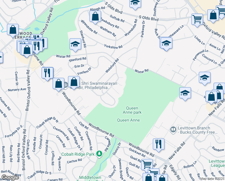 map of restaurants, bars, coffee shops, grocery stores, and more near 3 Greenway Circle in Fairless Hills