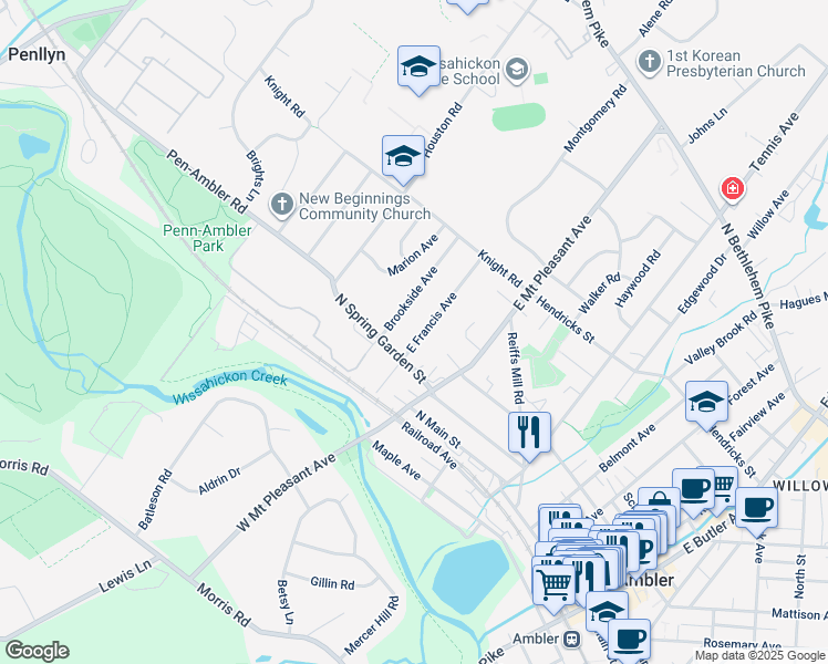 map of restaurants, bars, coffee shops, grocery stores, and more near 411 East Francis Avenue in Ambler