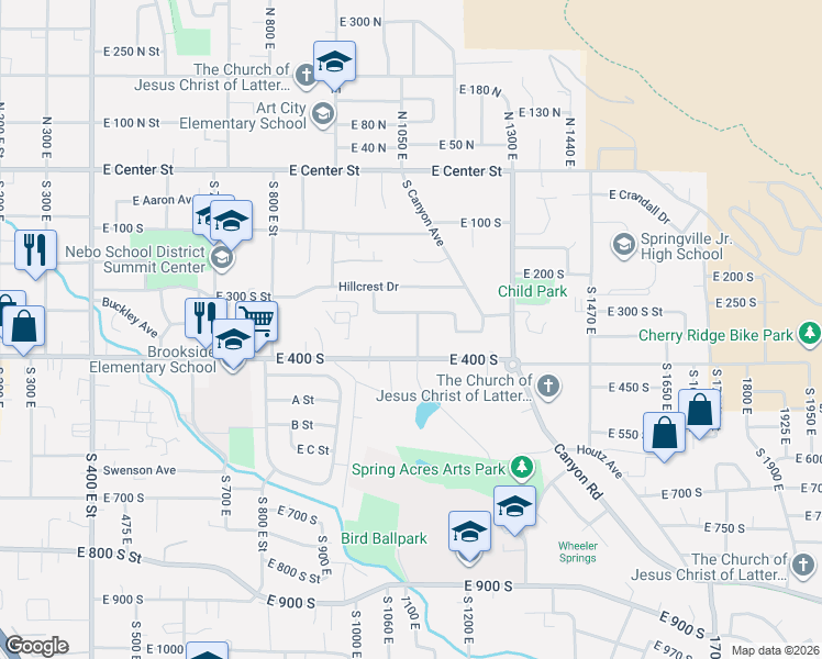 map of restaurants, bars, coffee shops, grocery stores, and more near 1077 East Meadow Lark Lane in Springville