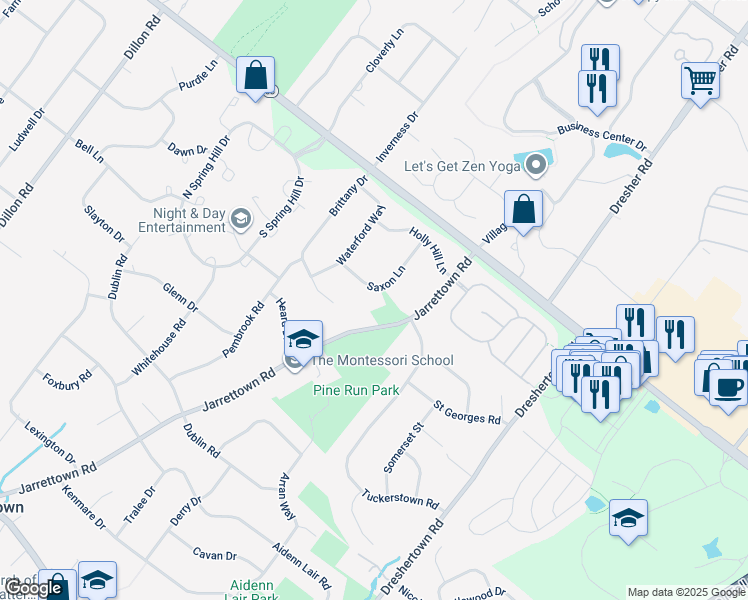 map of restaurants, bars, coffee shops, grocery stores, and more near 1813 Saxon Lane in Maple Glen