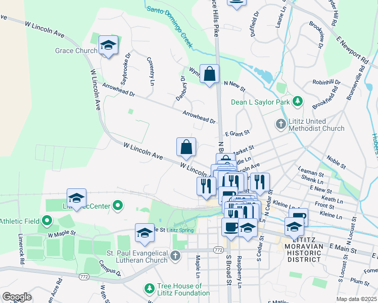 map of restaurants, bars, coffee shops, grocery stores, and more near 16 Sussex Place in Lititz