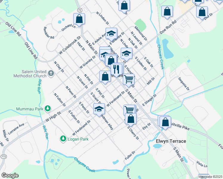 map of restaurants, bars, coffee shops, grocery stores, and more near 25 West Logan Avenue in Manheim