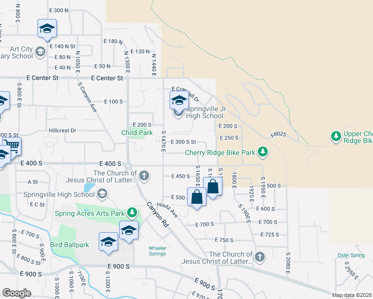 map of restaurants, bars, coffee shops, grocery stores, and more near 1585 East 350 South in Springville