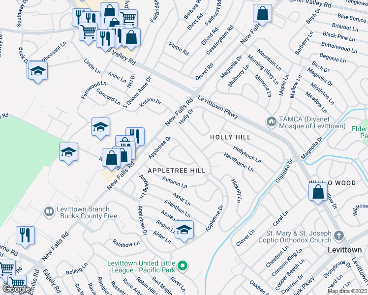 map of restaurants, bars, coffee shops, grocery stores, and more near 282 Appletree Drive in Levittown