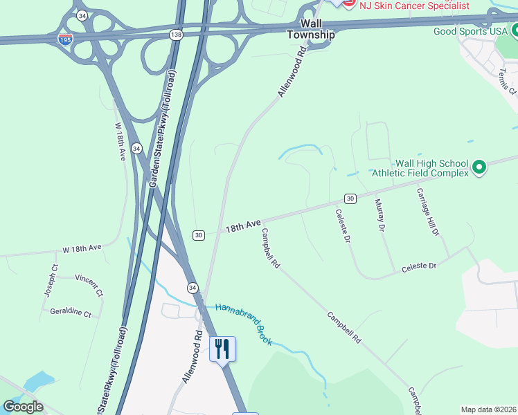 map of restaurants, bars, coffee shops, grocery stores, and more near 3040 18th Avenue in Wall Township