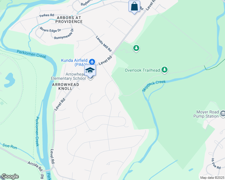 map of restaurants, bars, coffee shops, grocery stores, and more near 54 Overlook Circle in Collegeville